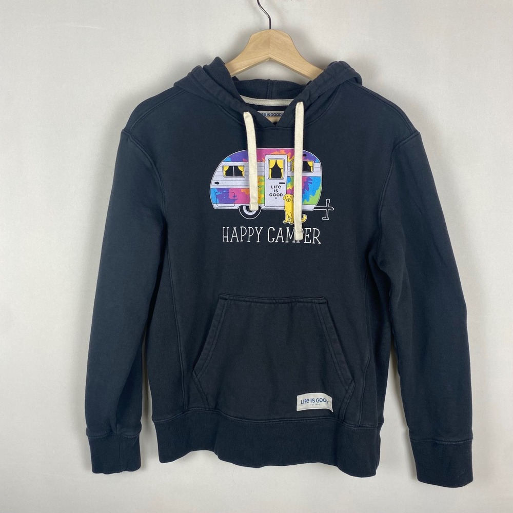 Life is Good Womens Happy Camper Tie Dye Trailer Graphic Hoodie Black Small